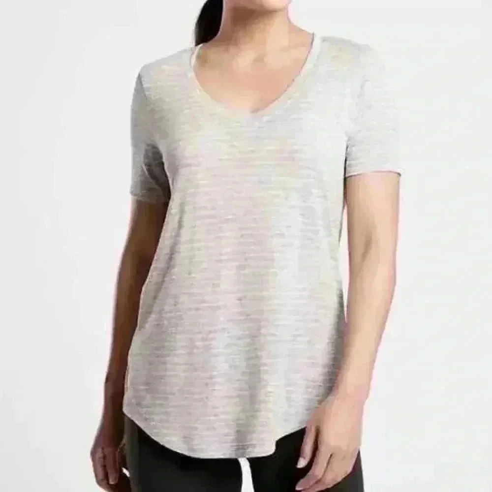 NWT Athleta Breezy Scoop V Neck Tee Short Sleeve Top Striped Size XXS
